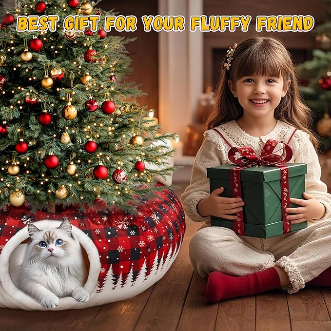 Cat Tunnel Christmas Tree Skirt, 3ft x 3ft x 9.8in Cat Tunnels for Indoor Cats, Buffalo Plaid Peekaboo Cat Tunnel Bed with Hanging Ball, Kitten Toys for Indoor Kittens Puppy Rabbit Ferret