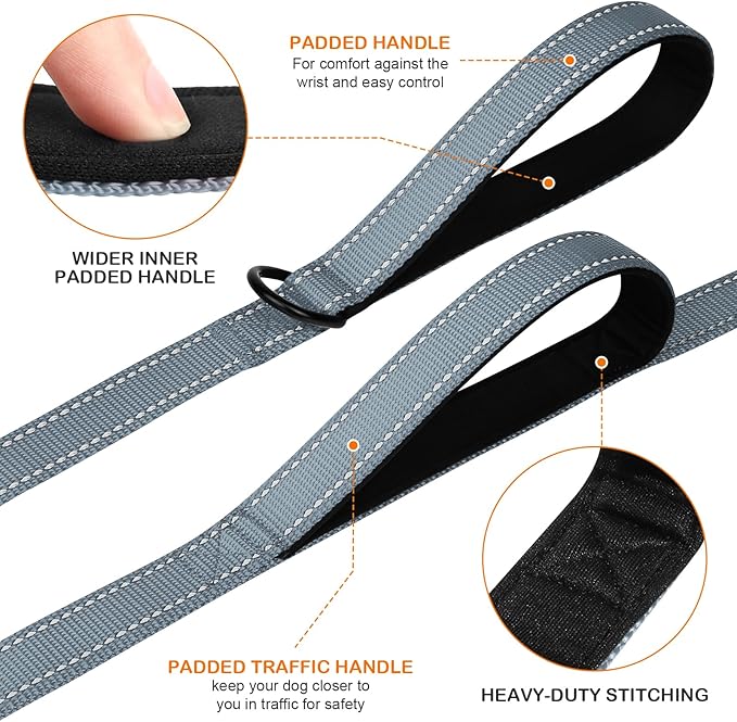 Joytale Dog Leash Heavy Duty for Large Dogs That Pull, Double Handle for Traffic Control, Double-Sided Reflective Leashes for Large Medium Dogs Night Safety, 5FT, Gray