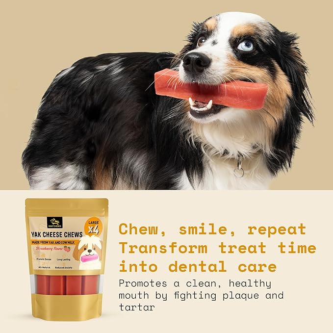 Chews Himalayan Yak Cheese Dog Chews Strawberry Flavor Large - Natural Long Lasting Dental Treat for Large Dogs - High Protein & Calcium - Gluten-Free Lactose-Free - 3-3.5 oz (4 Pack)
