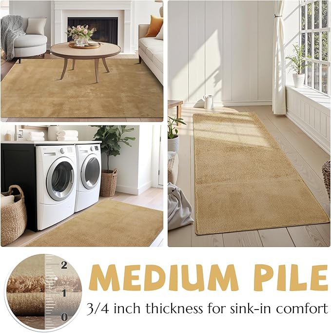 jinchan Solid Plush Runner Rug 2x5 Performance Shaggy Washable Hallway Rug Soft Modern Faux Wool Cozy Non Slip Carpet for Bedroom Laundry Room Living Room Kids Nursery Tan