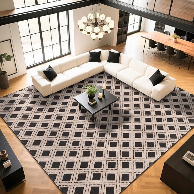 LBRO2M Checkered Rug 8X10 for Living Room Washable Rugs for Bedroom Office Non Slip Modern Area Rugs Easy Clean, Soft, Stain Resistant Carpet Low Piles Great for Pets and Family (8'X10' Black)