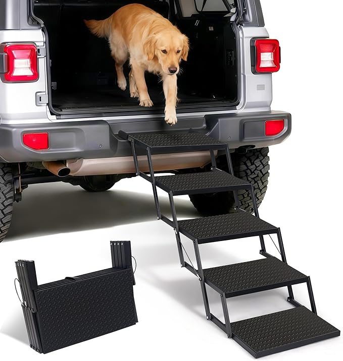 Foldable Dog Car Steps - Upgraded Non-Slip Pet Stairs for Large Dogs, Portable Metal Frame Dog Ramps for High SUV, Truck and Cars, Lightweight Pet Ladder with High Load-Bearing Capacity，Up to 350Lbs