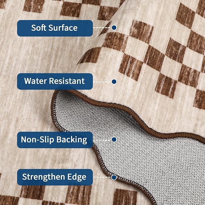 GarveeHome Scalloped Washable Rug 9x12 Area Rug for Living Room Modern Border Large Bedroom Throw Carpet with Rubber Backing Stain Resistant Boho Rug for Dining Room Home Decor Office, Beige