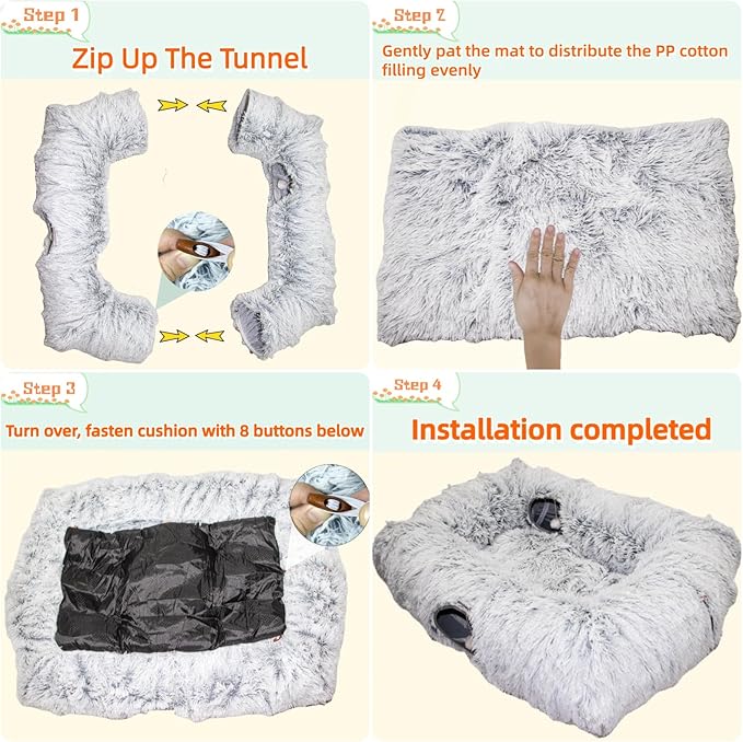 XxingSheep 4 Cave Shuttled XL Cat Tunnel Bed for Indoor Cats Peekaboo Toy Donut with Warm Mat, Pinkish White