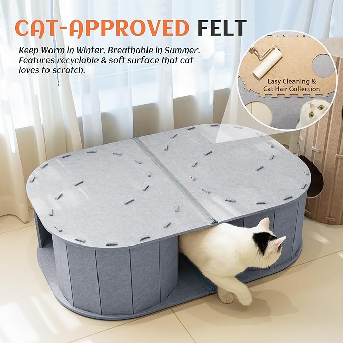 PETKARAY Large Felt Cat Tunnel, Double S-Shaped Hideaway for Indoor Cats, Interactive Cat Bed Cave and Hideout, 34x22.8x10.2 inches Grey