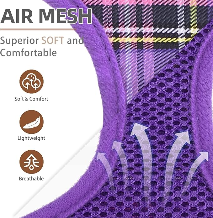 PUPTECK Soft Mesh Dog Harness and Leash Set Pet Puppy Cat Comfort Padded Vest No Pull Harnesses, Purple, XL