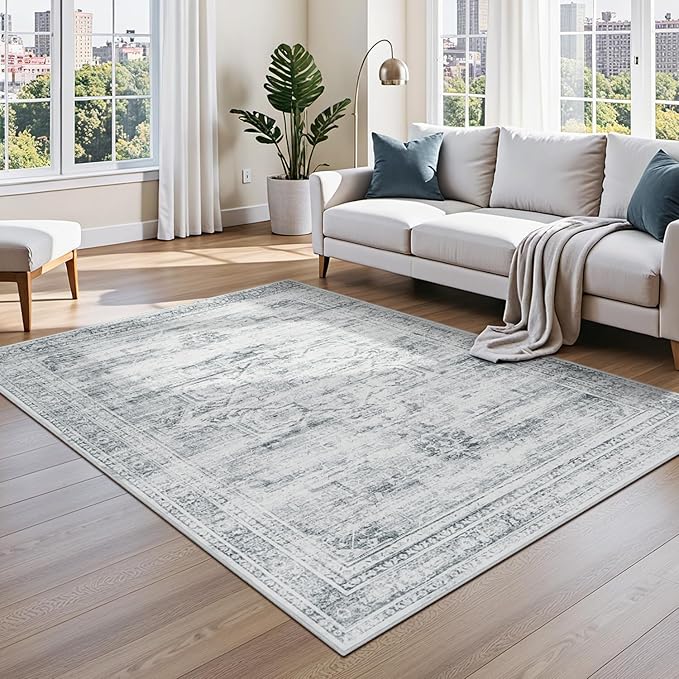 Washable Grey White Area Rugs 6x9 for Bedroom, Soft Faux Wool Carpets for Living Room Dining Room, Neutral Vintage Distressed Non Slip Stain Resistant Rug for Home Office Decor