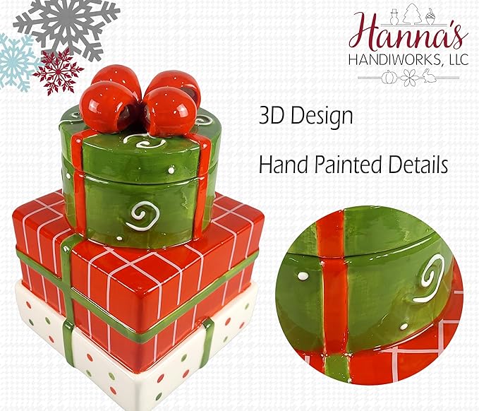 Hanna's Handiworks Christmas Presents Cookie Jar - Merry Decor for Kitchen Storage and Decoration for Holiday Parties and Everyday Use - Perfect for Home, Office, Dorm, and School