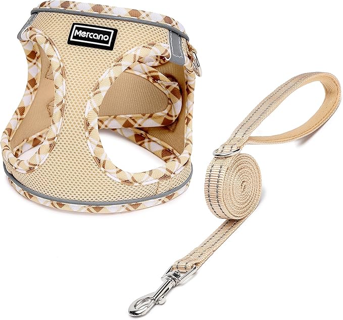 Mercano Soft Mesh Dog Harness and Leash Set, No-Chock Step-in Reflective Breathable Lightweight Easy Walk Vest Harnesses with Safety Buckle for Small Dogs, Cats (Beige, XL)