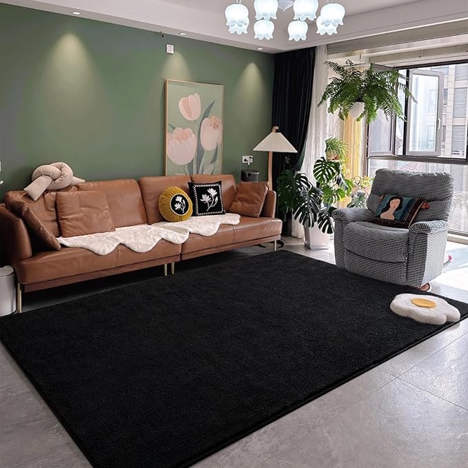 DweIke 6x9 Black Area Rugs for Bedroom, Super Soft Living Room Rug, Thickened Memory-Foam Throw Carpet, Non-Slip and Washable Carpets for Kids Boys Girls Room Dorm Nursery Home Decor