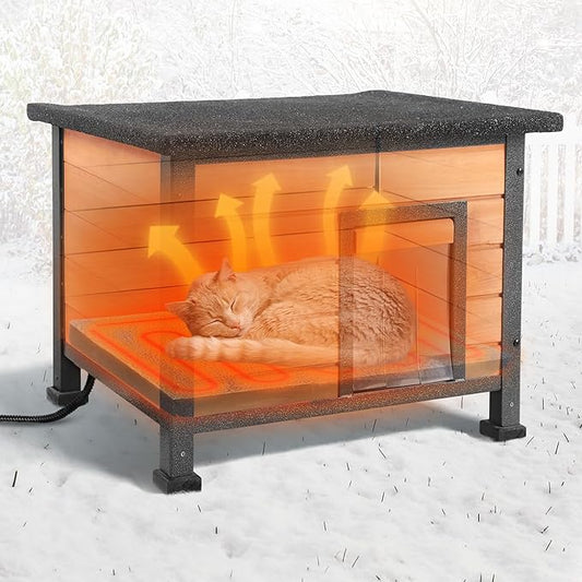 Heated Outdoor Cat House with Heating Pad - Weatherproof Winter Insulated Shelter for Outdoor Cats with Escape Door & PVC Flap, All-Steel Frame and Wooden Construction, Brown