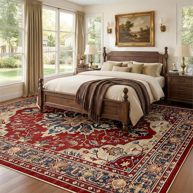 Area Rugs 9'x12' Washable Non-Slip, Floral Vintage Distress Print Pattern Medallion Carpet for Living Room Bedroom Dining Room, Red Blue