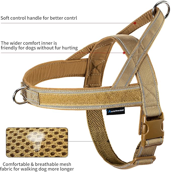 Annchwool No Pull Dog Harness with Soft Padded Handle-Reflective Strip Escape Proof and Quick Fit to Adjust Dog Harness-Easy for Training Walking for Small & Medium and Large Dogs(Brown,XS,1 In Width)