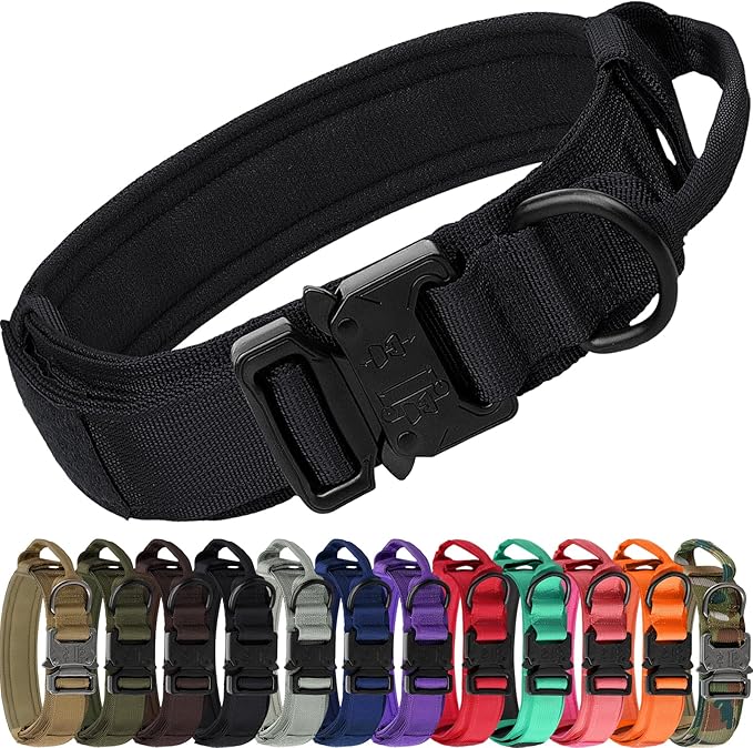 Joytale Tactical Dog Collar with Handle, Adjustable Heavy Duty Military Collar with 2 Patches for Training, Suitable for Medium Dogs, Black, M