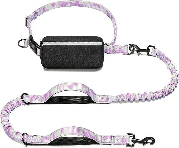 iYoShop Hands Free Dog Leash with Zipper Pouch, Dual Padded Handles and Durable Bungee for Walking, Jogging and Running Your Dog (White-Purple Mix, Large)