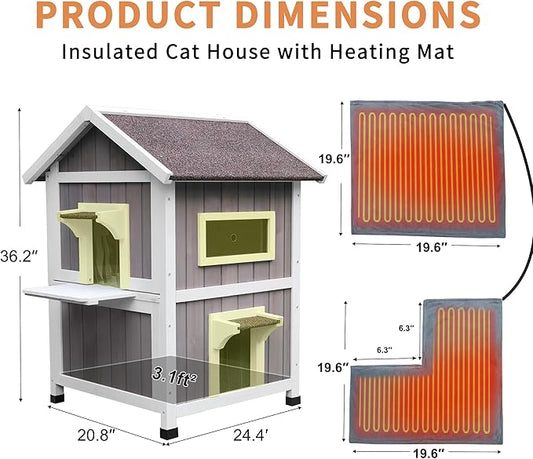 Rockever 100% Waterproof & Insulated Heated Cat House for Outdoor Cats, 2 Story Heated Cat House for Outside with Heating Pad, Elevated Outdoor Cat House, Feral Cat Shelter with Escape Door
