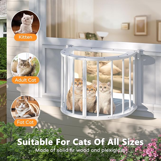 Cat Window Box, Semicircular Adjustable Window Catio, Wooden Cat Window Perch Fits Vertical Window Frames 26" to 42" Wide, Sunbathing, Napping & Overlooking, White