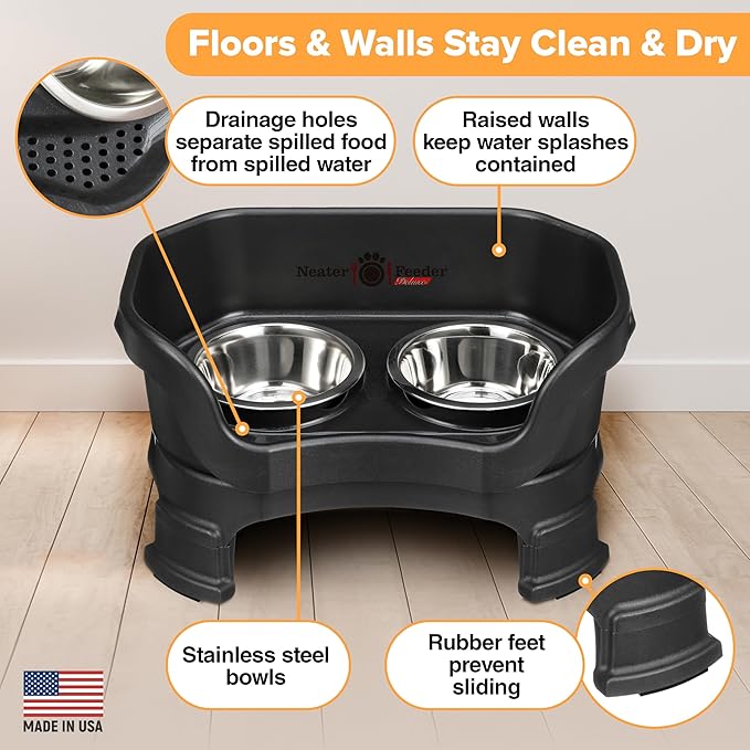 Neater Feeder Deluxe Mess Proof Cat Bowls Elevated for All Breeds – Made in USA – No Spill Raised Cat Bowls for Indoor Cats w/Leg Extensions – Stainless Steel Cat Food and Water Bowl Set - Black