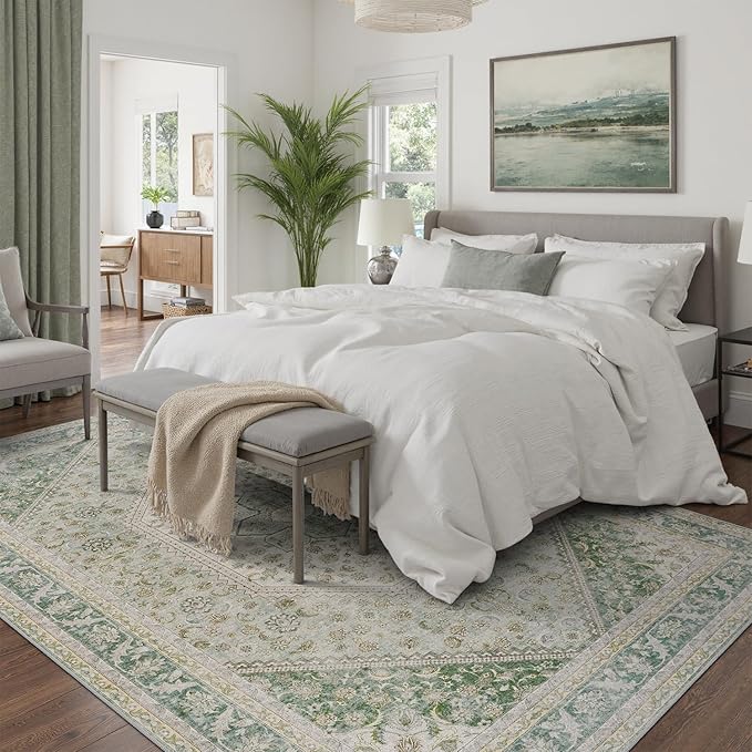 DCX Green 4x6 Area Rug, Machine Washable Non Slip Stain Resistant Vintage Rug for Living Room, Bedroom, Playroom, Soft Low Pile Large Nursery Carpet