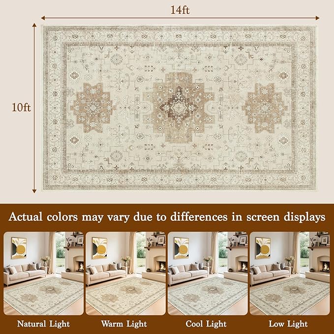 LBRO2M Vintage Washable Rugs 10X14 Area Rug for Living Room for Bedroom Dining Room Non Slip Farmhouse Rugs Easy Clean, Stain Resistant Carpet Great for Pets and Kids (10'X14' Beige)