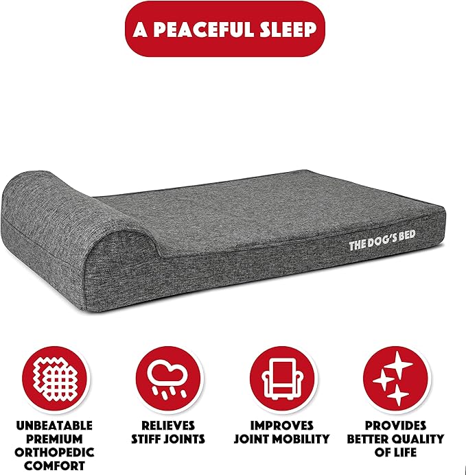 The Dog’s Bed Orthopedic Memory Foam Dog Bed with Headrest, Linen Fabric, Grey Linen, XL, 4-Inch