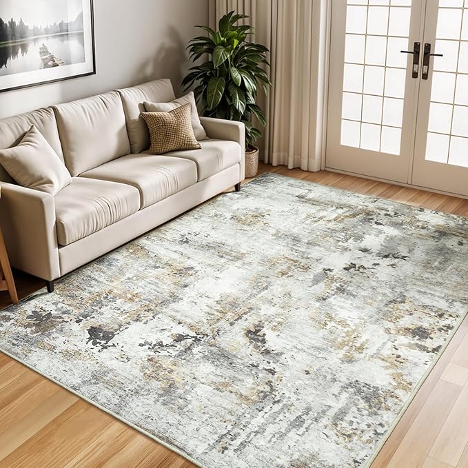 5x7 Area Rugs, Neutral Machine Washable Rugs for Living Room, Abstract Modern Soft Non-Slip Thin Print Floor Carpet for Bedroom Kids Room, Brown/Grey