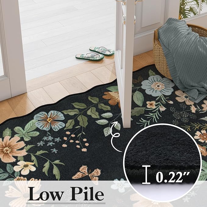 Lahome Floral Kitchen Runner, 2X6 Washable Runner Rug Non Slip Ultra-Thin, Soft Hallway Rug Stain Resistant Boho Small Low-Pile Carpet for ‎Laundry Bathroom Bedroom(2x6ft,Black/Grey)
