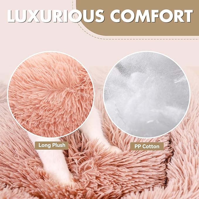 Athena Collection Washable Dog Bed Large Size Dog, Cat Bed for Indoor Cats, 36 Inches Fluffy Faux Fur Round Pet Bed Calming Cozy Soft Warming Donut for Large Size Pet, Pink