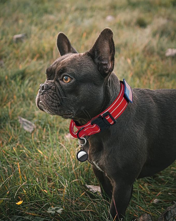 AUBELL Reflective Tactical Dog Collar,Adjustable Military Heavy Duty K9 Collars with Handle and Quick Release Metal Buckle Great for Large Dogs, with Airtag Case and 2 Patches (Red,L)