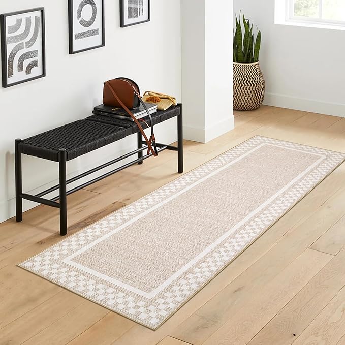 Rug Runners for Hallways 2x8 Washable Kitchen Runner Rug Non Slip Low Pile Bedside Throw Carpet Modern Bordered Bathroom Runners Checkered Area Rug for Living Room Bedroom Entryway Nursery, Beige