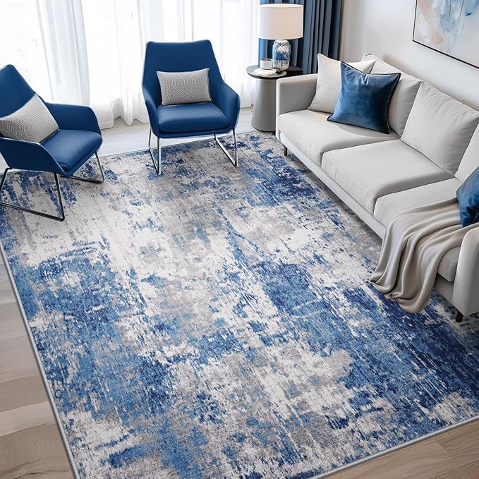 Washable Area Rugs 8'x10' Non-Slip Modern Abstract Soft for Living Room Entryway Bedroom Nursery, Print Pattern, Blue Grey Navy Gray