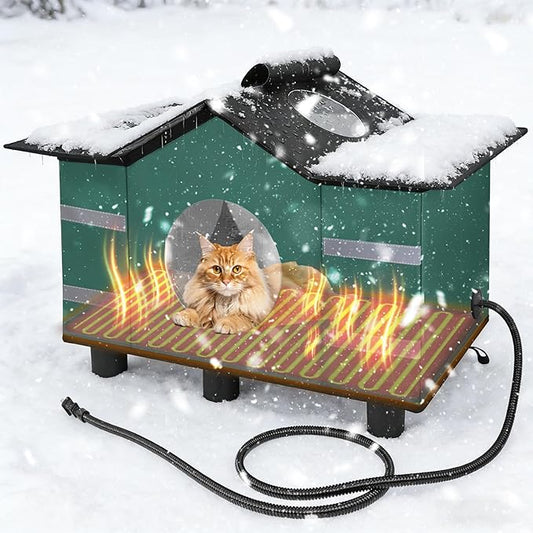 Heated Cat Shelter for Outside, Large Outdoor Cat House with Roof Window & Cozy Cushion Winter Insulated Weatherproof for Multiple Feral Kitties Small Pets Garage Yard Porch
