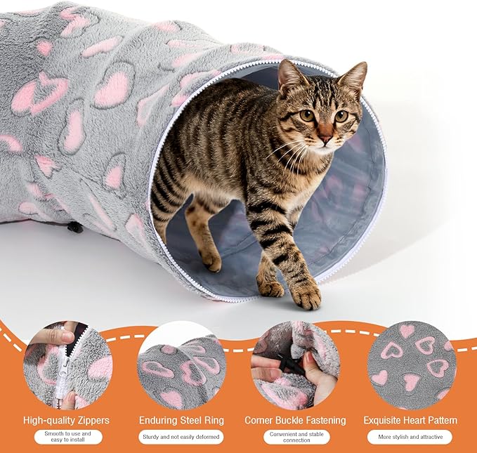 Cat Tunnels for Indoor Cats, 35'' Plush Cat Tunnel Bed with Playful Ball and Circle Cushion, Multifunctional Peekaboo Cat Cave, Interactive Toy Gift for Cats, Kittens, Rabbits, Gray&Heart