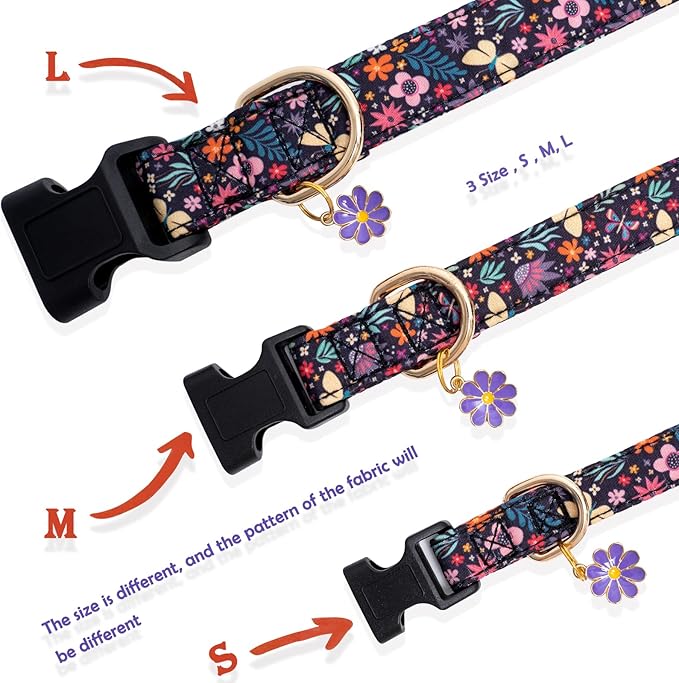 Faygarsle Cotton Designer Dogs Collar Cute Flower Dog Collars for Girl Female Small Medium Large Dogs with Purple Flower Charms L
