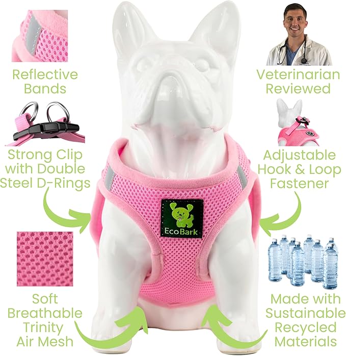EcoBark Step in Dog Harness - Eco-Friendly Dog Harnesses for Small and Medium Breed Dogs - Reflective and Adjustable Body Halter Vest - Soft Mesh Toy Breed Harness (Baby Pink, Large)