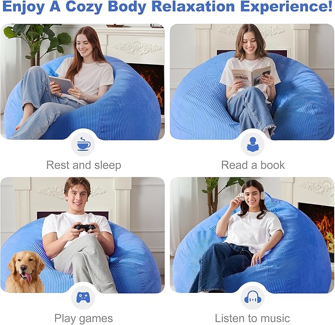 Homguava 5FT Bean Bag Chair for Adults,Teardrop Giant Bean Bags Big Beanbag Chair with Memory Foam Filled and Ultra Soft Removable Corduroy Cover for Living Room, Bedroom (Blue)