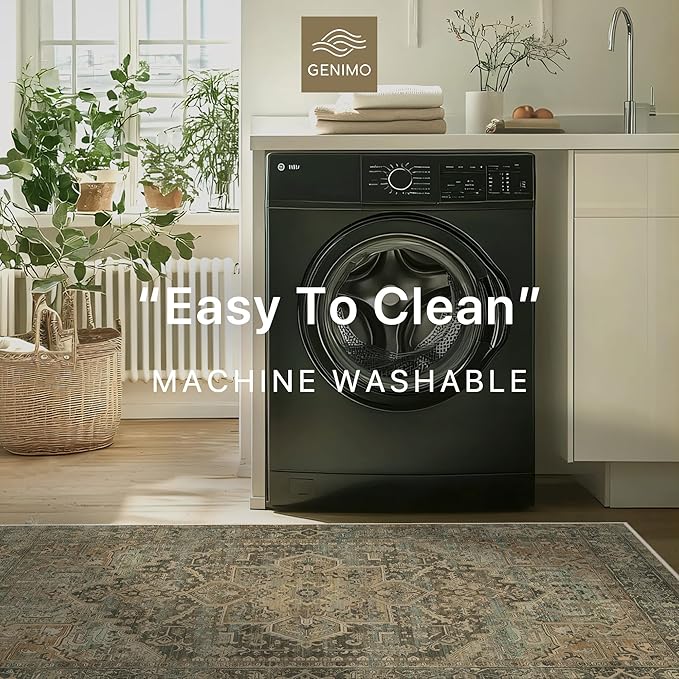 GENIMO Machine Washable 8x10 Area Rugs for Living Room, Non Slip Vintage Rugs, Low Pile Lightweight Chenille Print Rug for Bedroom, Dining Room, Home Office, Bronze Taupe