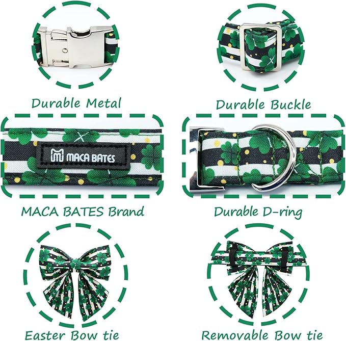 Maca Bates St. Patrick's Day Shamrock Dog Collar,Sailor Bow,Small Girl Boy Dogs, Black White Stripe Four Leaf Clover Pattern,Adjustable Durable Soft Collars Irish Gift for Male Female Puppy