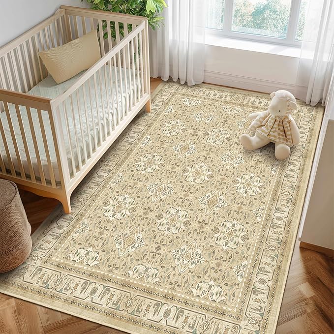 Warm Beige Area Rug 5x7, Non Slip Washable Rugs for Living Room Bedroom Low Pile Thin, Boho Neutral Floral Moroccan Pattern Printed Carpet Rug for Nursery Playroom Dining Room Home Office