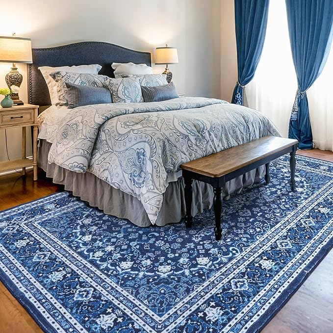 Lessymo Machine Washable Area Rug 5x7 - Super Soft Faux-Wool Area Rug for Living Room Bedroom, Boho Vintage Floral Medallion Non-Slip Low Pile, Kid & Pet Friendly, Blue White
