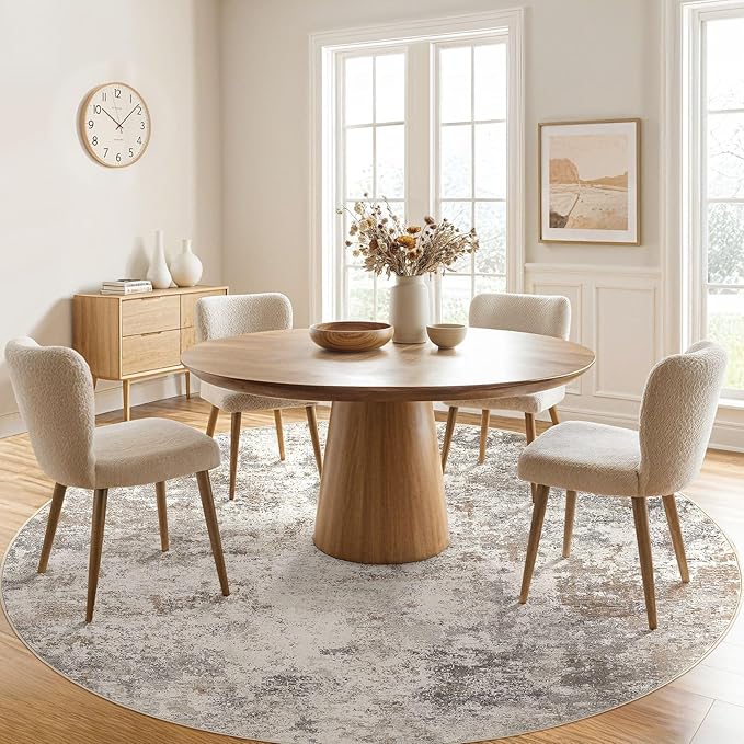 8ft Round Area Rug Living Room Rugs - 8x8 Washable Neutral Modern Abstract Soft Thin Rug Indoor Floor No Slip Rug Carpet for Bedroom Under Dining Table Home Office Decor - Brown Grey