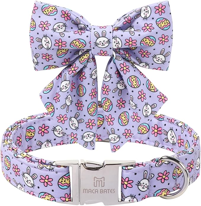 Maca Bates Easter Day Egg Dog Collar with Sailor Bow Tie for Extra Large Girl Boy Dogs, Purple Cute Bunny Rabbit Pattern,Adjustable Durable Soft Breakaway Collars for Male Female Puppy