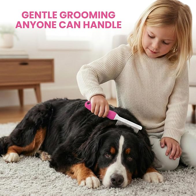 Poodle Pet Detangling Pet Comb with Long & Short Stainless Steel Teeth for Removing Matted Fur, Knots & Tangles – Detangler Tool Accessories for Safe & Gentle DIY Dog & Cat Grooming (Pink)