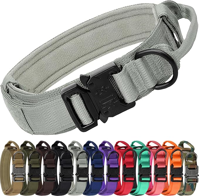 Joytale Tactical Dog Collar with Handle, Adjustable Heavy Duty Military Collar with 2 Patches for Training, Suitable for XLarge Dogs, Gray, XL