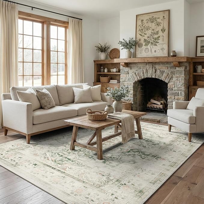 DCX 5x7 Green Rug, Machine Washable Stain Resistant Distressed Vintage Rug, Kid & Pet Friendly with Rubber Back Non Slip Soft Low Pile Large Carpet for Living Room, Bedroom, Home Office