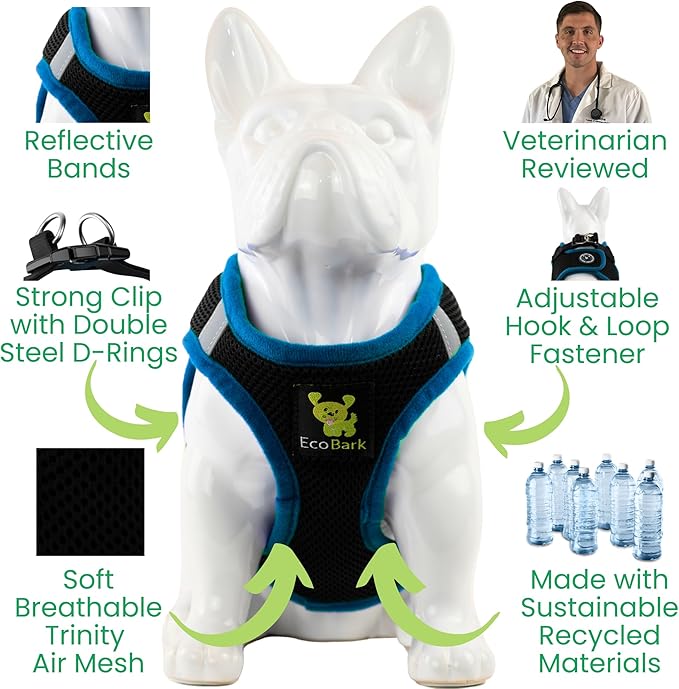EcoBark Step in Dog Harness - Eco-Friendly Teacup Dog Harnesses for XXS, XS, and Small Dogs - Reflective and Adjustable Mini Body Halter Vest -Tiny Soft Mesh Toy Breed Harness (Black and Teal, XXS)