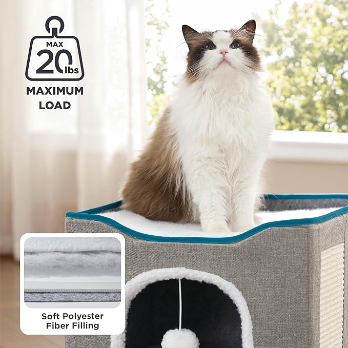 Bedsure Cat Beds for Indoor Cats - Large Cat Cave for Pet Cat House with Fluffy Ball Hanging and Scratch Pad, Foldable Cat Hideaway, 16.5x16.5x13 inches, Cloud Purple
