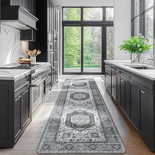 LBRO2M Boho Hallway Rug 2'X10’ Washable Runner Rugs Non Slip Low Piles Rugs Vintage, Soft, Dark Gray Area Rug Runners for Hallways, Bedroom, Kitchen Laundry Room Pattern Print (2'X10', Dark Gray)