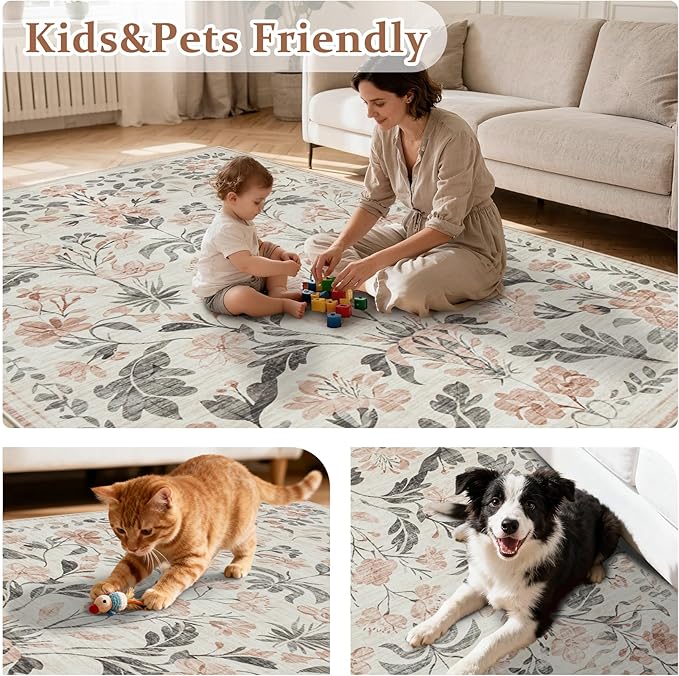 8x10 Area Rugs Washable Rug: Lagre Boho Living Room Rug Soft Non-Slip Thin Carpet Indoor Floor Non-Shedding Neutral Floral Carpets for Bedroom Dining Room Farmhouse Nursery Pink