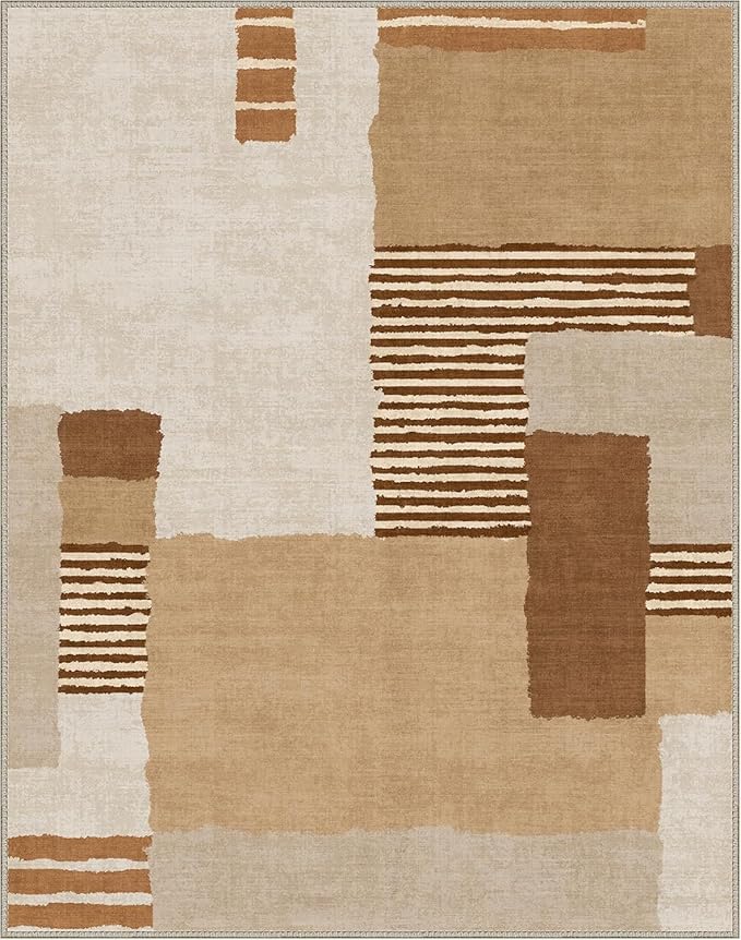 Bavni Washable Rugs 6x9 Area Rug for Living Room Bedroom, Washable Rug Vintage Print Carpet, Low Pile Lightweight Mat with Non Slip Backing, Orange Brown